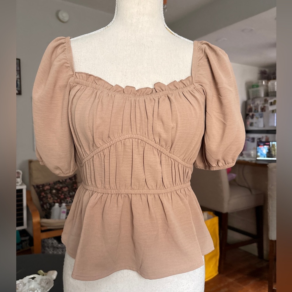 And Now This Almond Puff Sleeve Peplum Top XS NWT - Picture 2 of 8